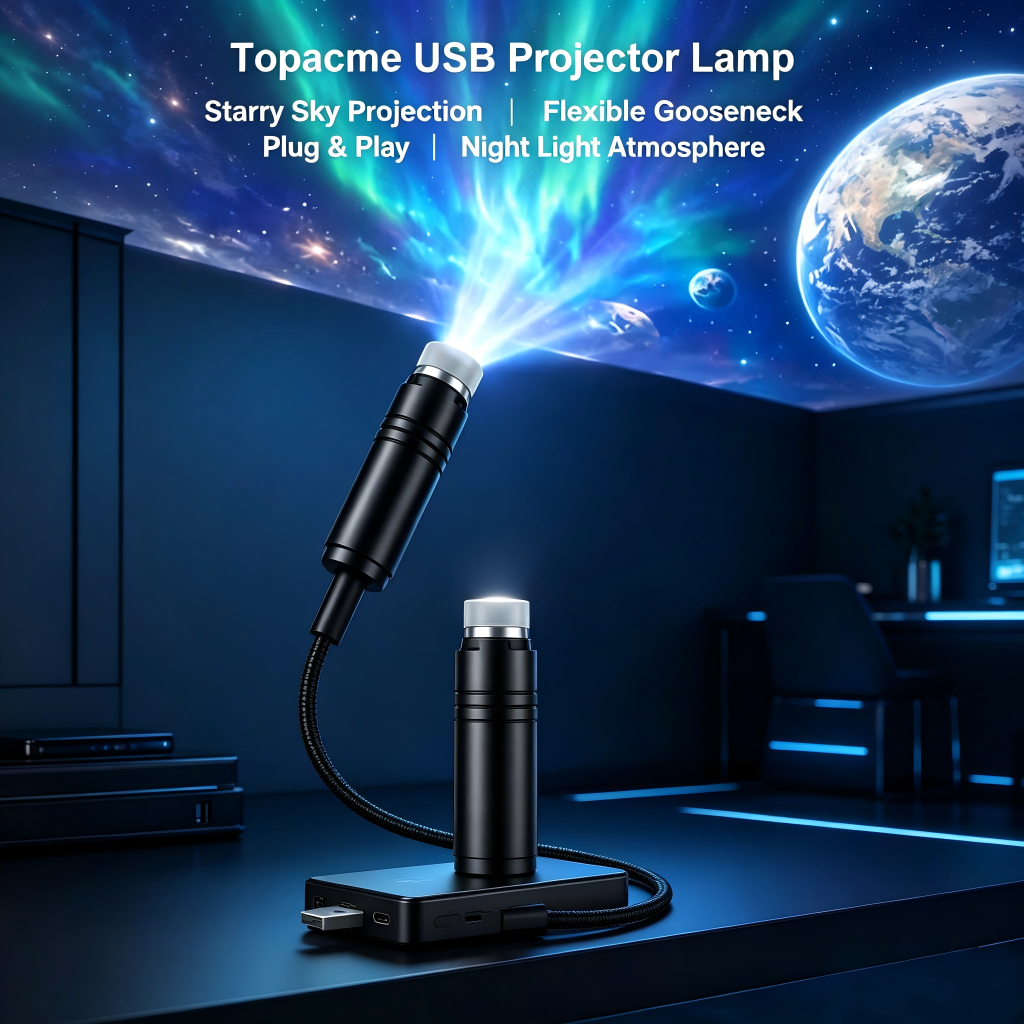 Topacme USB ProjeFlexible USB Star Projector Night Light, Adjustable Gooseneck Galaxy Projection Lamp, Plug-and-Play Starry Sky Aurora Projector for Car, Bedroom, Party & Decorctor Lamp