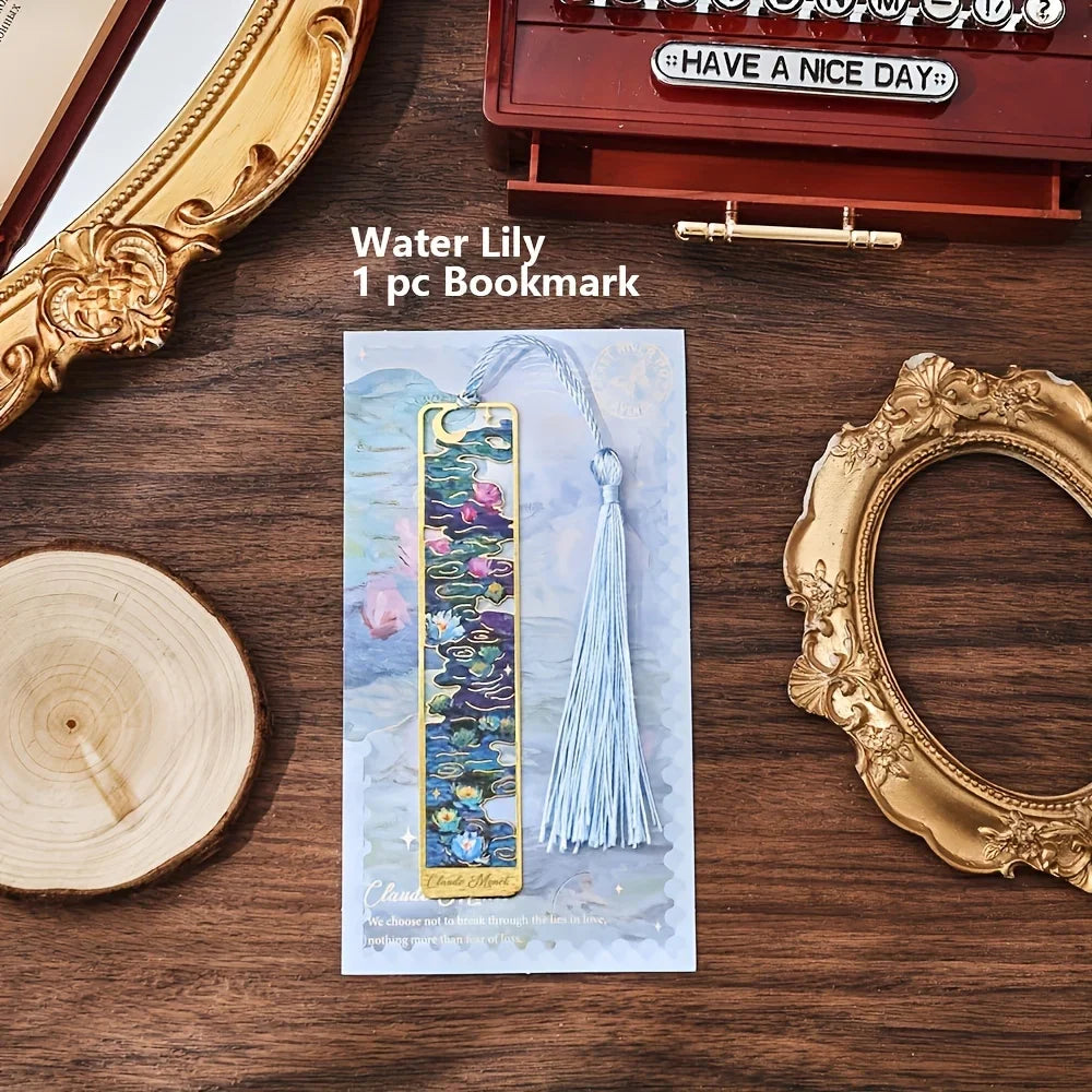 Vintage Oil Painting Metal Bookmarks – Hollow Hot Stamping Tassel Bookmarks for Book Lovers